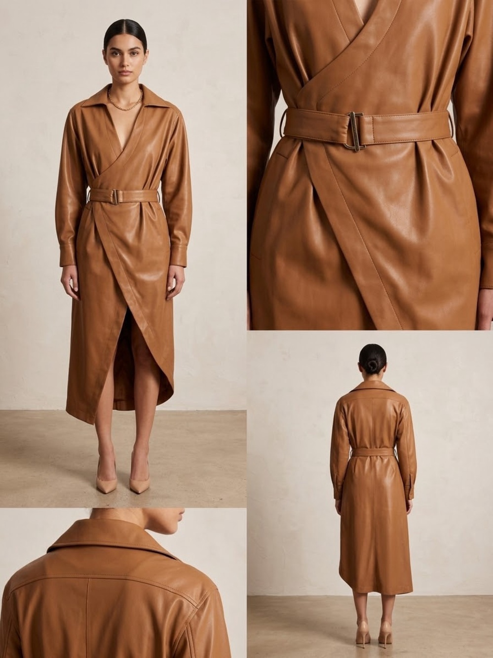 NICHOLAS Cognac Leather Wrap Midi Dress